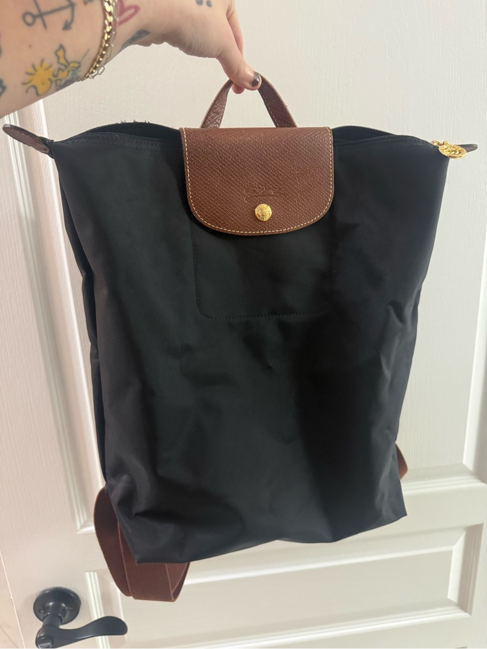 Longchamp Black Nylon Backpack with Brown Leather Trim